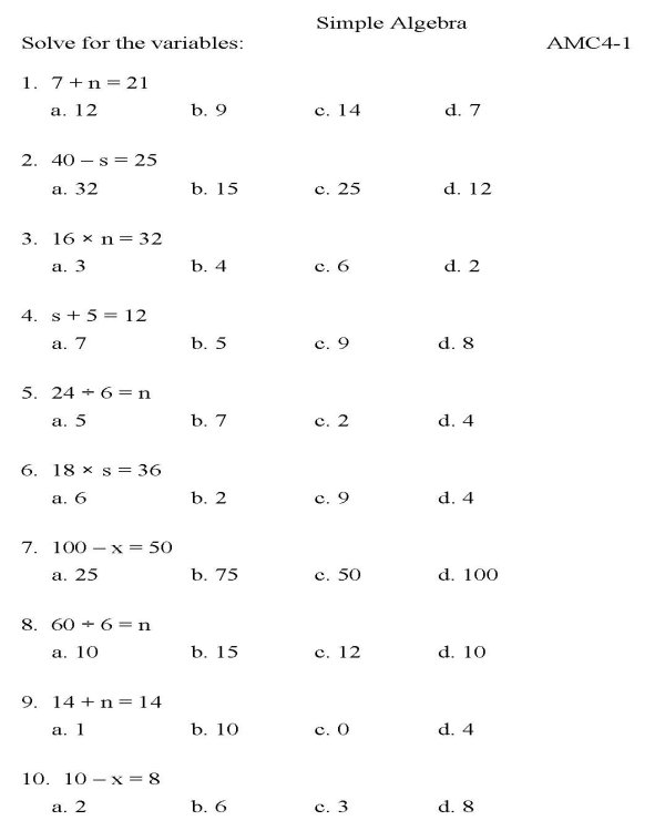 BlueBonkers Algebra Multiple Choice P1 Free Printable Math 