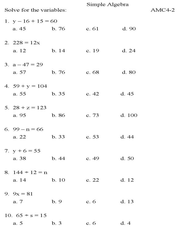 Multiple algebra > Algebra   Sheets Algebra  with Math worksheets P2 sheets practice > answers i  Choice