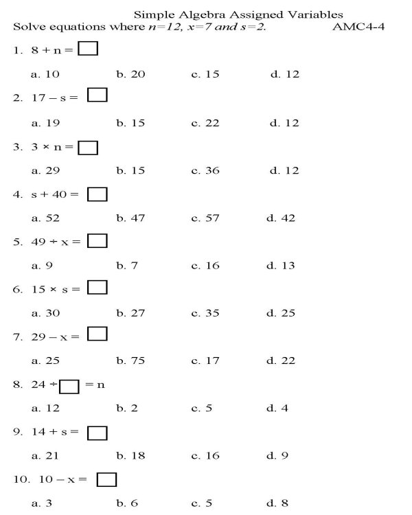 BlueBonkers Algebra Multiple Choice P4 Free Printable Math Practice Worksheets