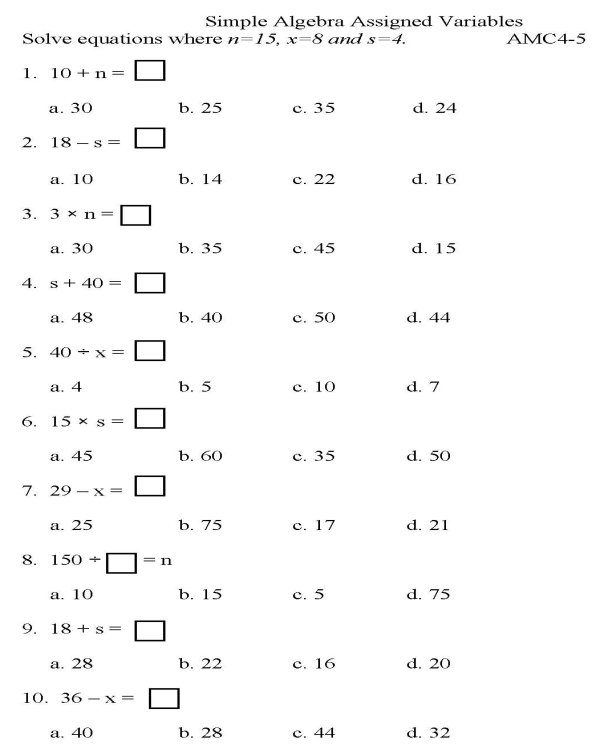 BlueBonkers Algebra Multiple Choice P5 Free Printable Math Practice Worksheets