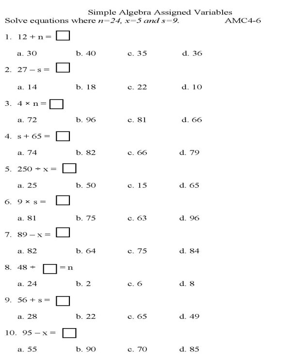 BlueBonkers Algebra Multiple Choice P6 Free Printable Math 