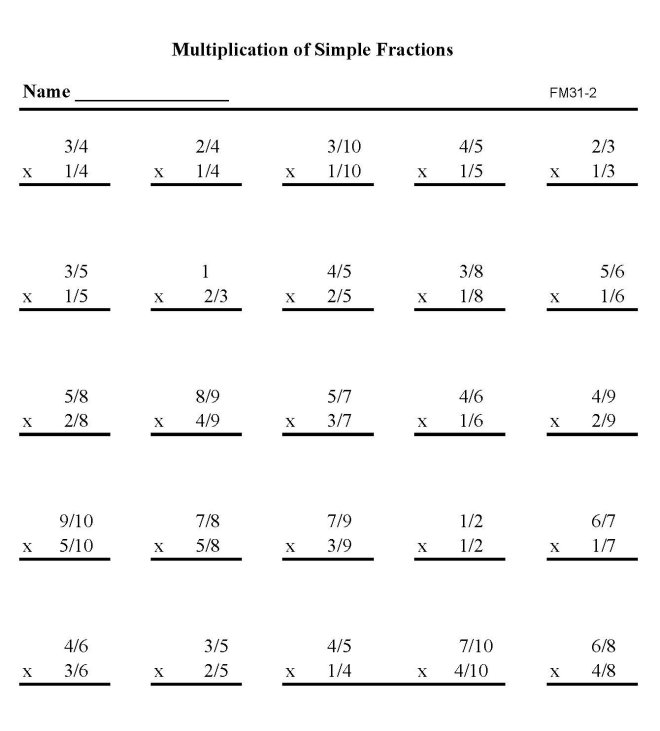 BlueBonkers Printable Fractions Practice Math Sheets Multiply Simple Fractions Like