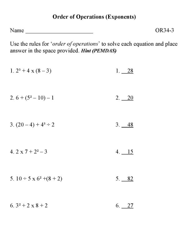 Printable Order of Operations sheet - math skills practice sheet